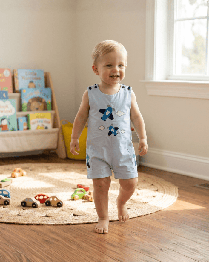 Blue Airplane Pockets Shortalls - Lil Cactus