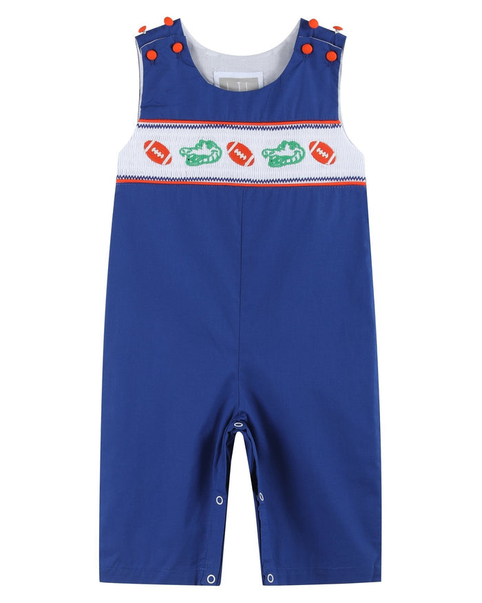 Blue and Orange Football Smocked Overalls - Lil Cactus