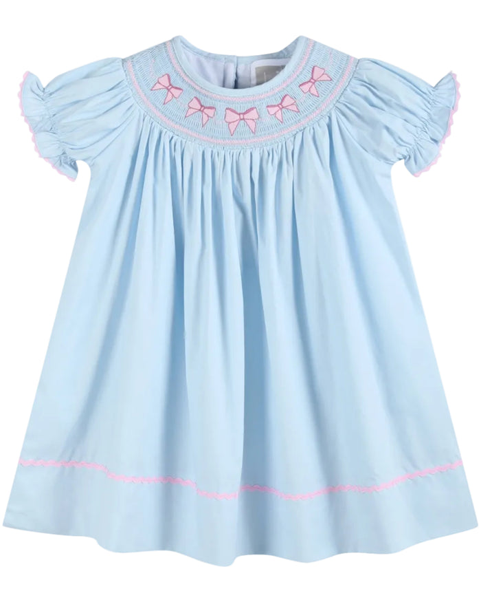 Blue and Pink Bow Smocked Bishop Dress - Lil Cactus