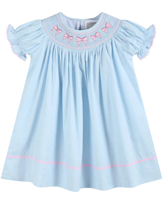 Blue and Pink Bow Smocked Bishop Dress - Lil Cactus