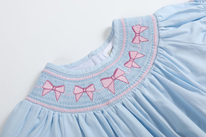Blue and Pink Bow Smocked Romper - Lil Cactus
