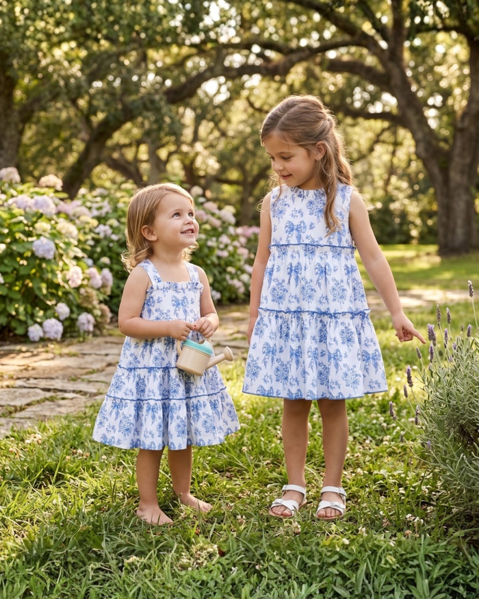 Blue and White Print Layered Ruffle Dress - Lil Cactus
