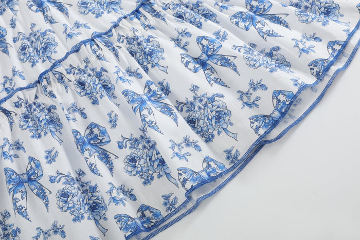 Blue and White Print Layered Ruffle Dress - Lil Cactus