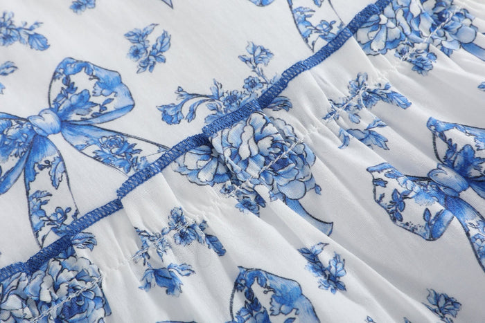 Blue and White Print Layered Ruffle Dress - Lil Cactus