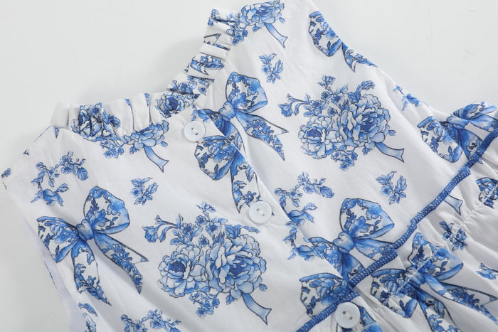Blue and White Print Layered Ruffle Dress - Lil Cactus