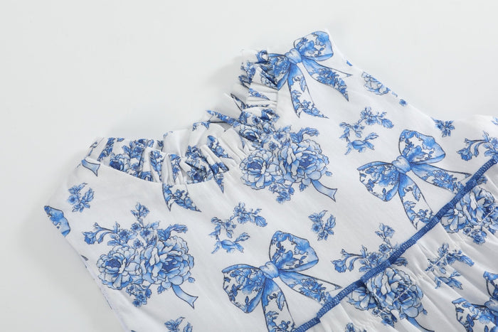 Blue and White Print Layered Ruffle Dress - Lil Cactus