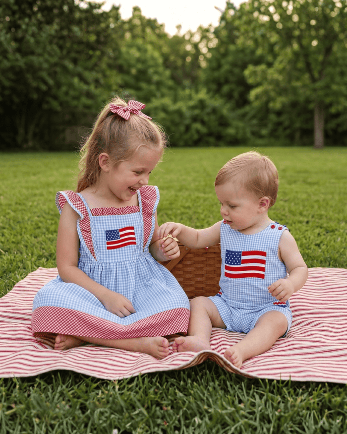Blue Gingham American Flag Ruffle Dress - Lil Cactus