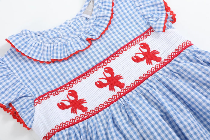 Blue Gingham Crawfish Smocked Dress - Lil Cactus