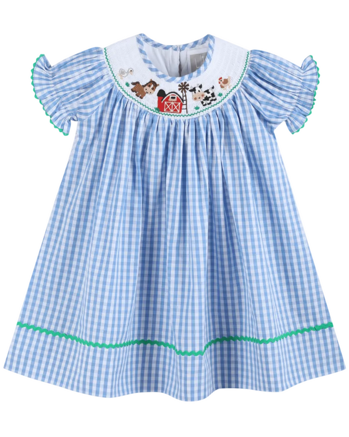 Blue Gingham Farm Smocked Bishop Dress - Lil Cactus