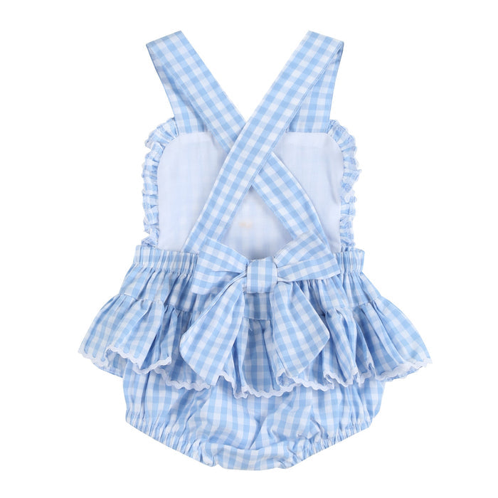 Blue Gingham Goose Lace Bow Ruffle Romper - Lil Cactus
