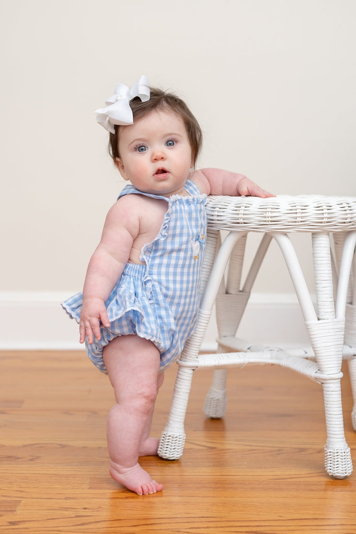 Blue Gingham Goose Lace Bow Ruffle Romper - Lil Cactus
