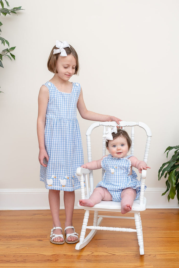 Blue Gingham Goose Lace Bow Ruffle Romper - Lil Cactus