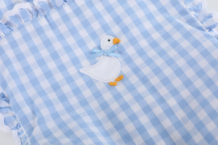 Blue Gingham Goose Lace Bow Ruffle Romper - Lil Cactus