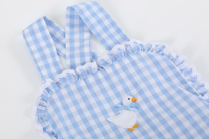 Blue Gingham Goose Lace Bow Ruffle Romper - Lil Cactus