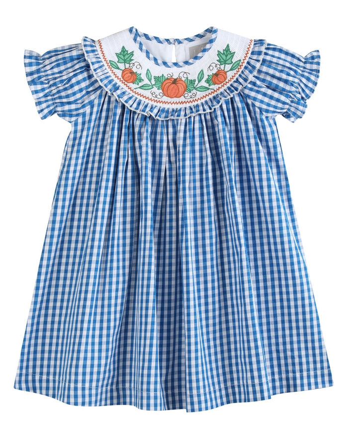 Blue Gingham Pumpkin Smocked Ruffle Bishop Dress - Lil Cactus