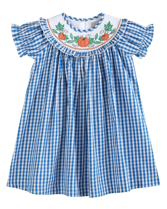 Blue Gingham Pumpkin Smocked Ruffle Bishop Dress - Lil Cactus