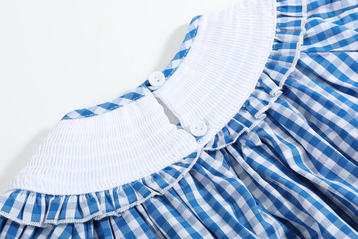 Blue Gingham Pumpkin Smocked Ruffle Bishop Dress - Lil Cactus