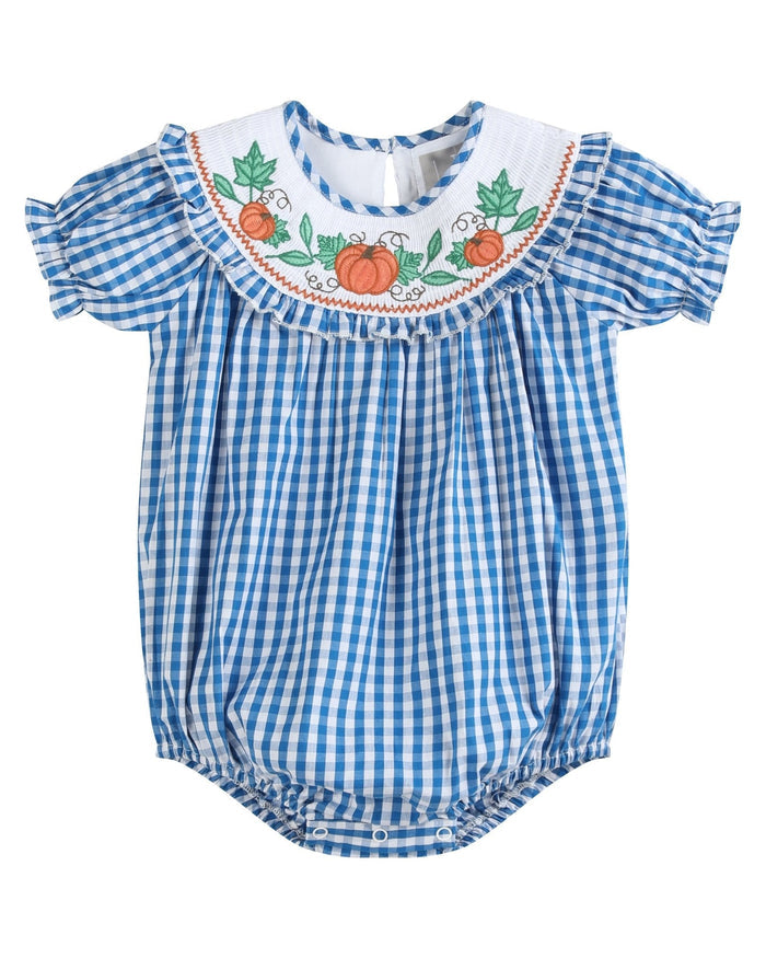 Blue Gingham Pumpkin Smocked Ruffle Romper - Lil Cactus