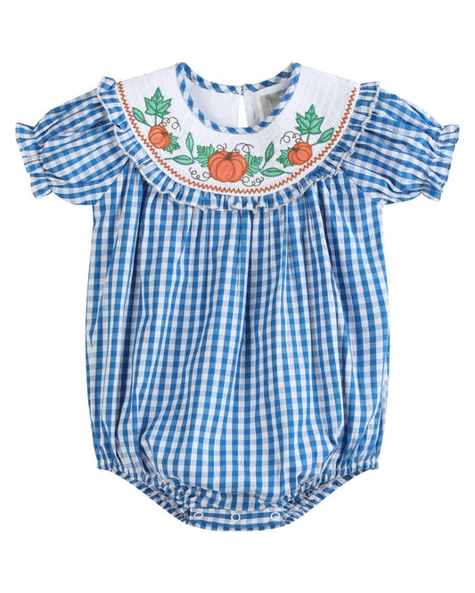 Blue Gingham Pumpkin Smocked Ruffle Romper - Lil Cactus