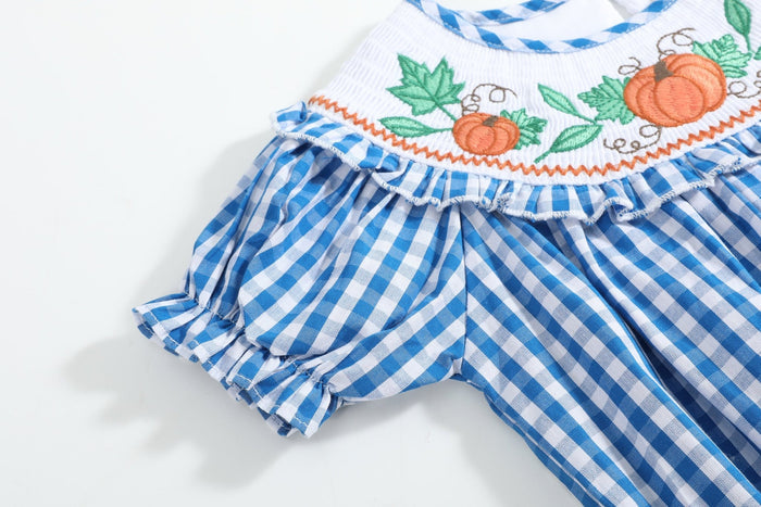 Blue Gingham Pumpkin Smocked Ruffle Romper - Lil Cactus