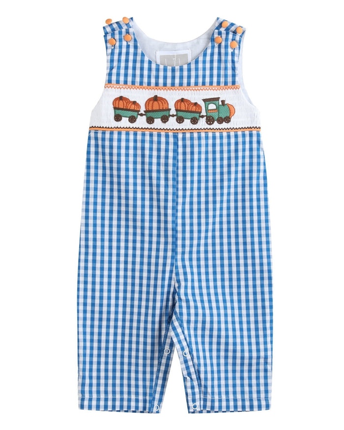 Blue Gingham Pumpkin Train Smocked Overalls - Lil Cactus
