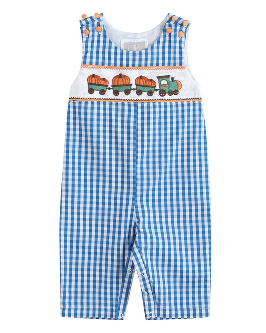 Blue Gingham Pumpkin Train Smocked Overalls - Lil Cactus