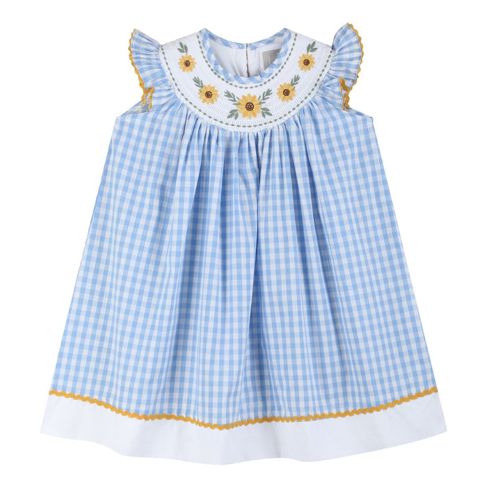 Blue Gingham Sunflower Smocked Bishop Dress - Lil Cactus
