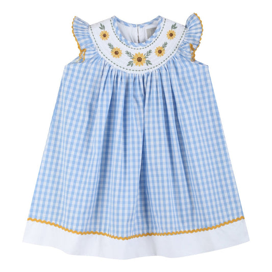 Blue Gingham Sunflower Smocked Bishop Dress - Lil Cactus