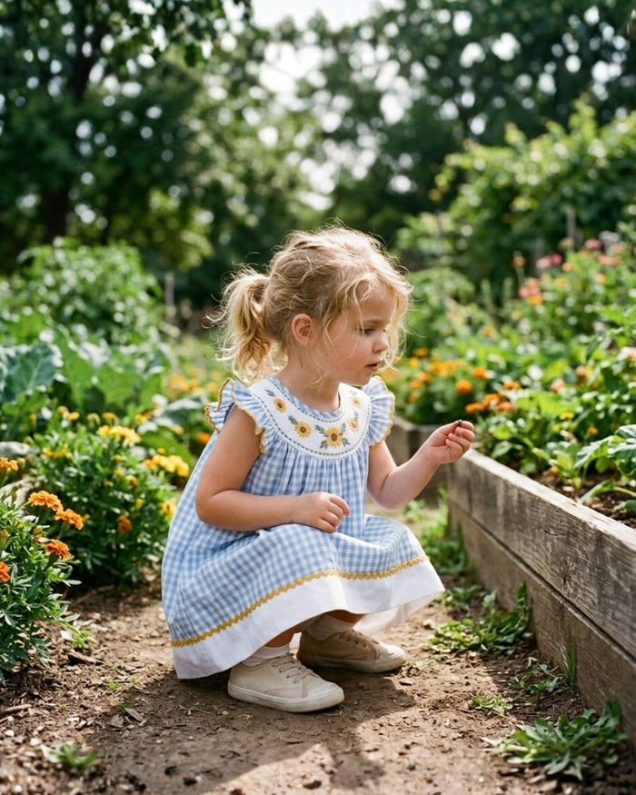 Blue Gingham Sunflower Smocked Bishop Dress - Lil Cactus