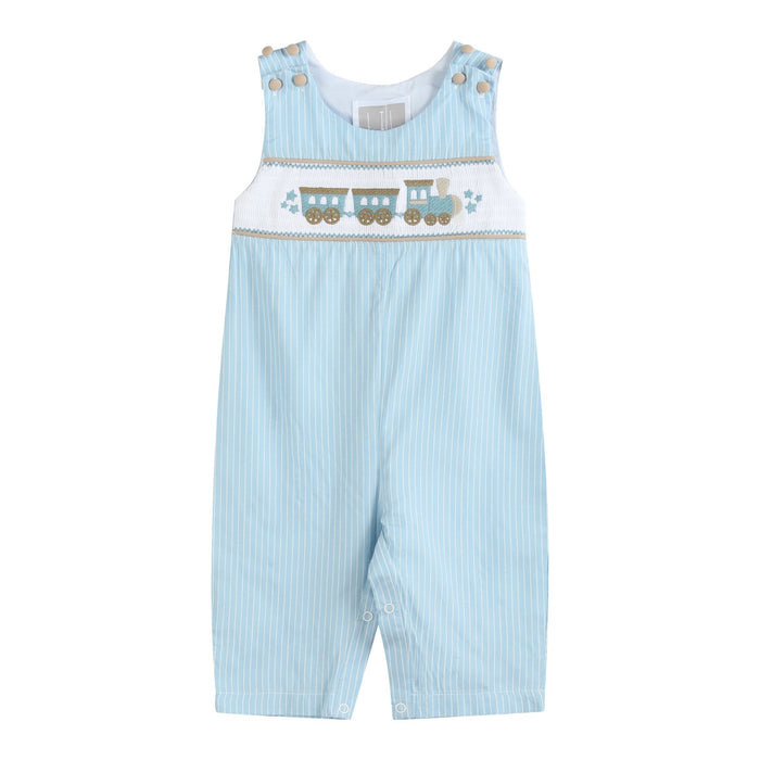 Blue Gingham Train Smocked Overalls - Lil Cactus