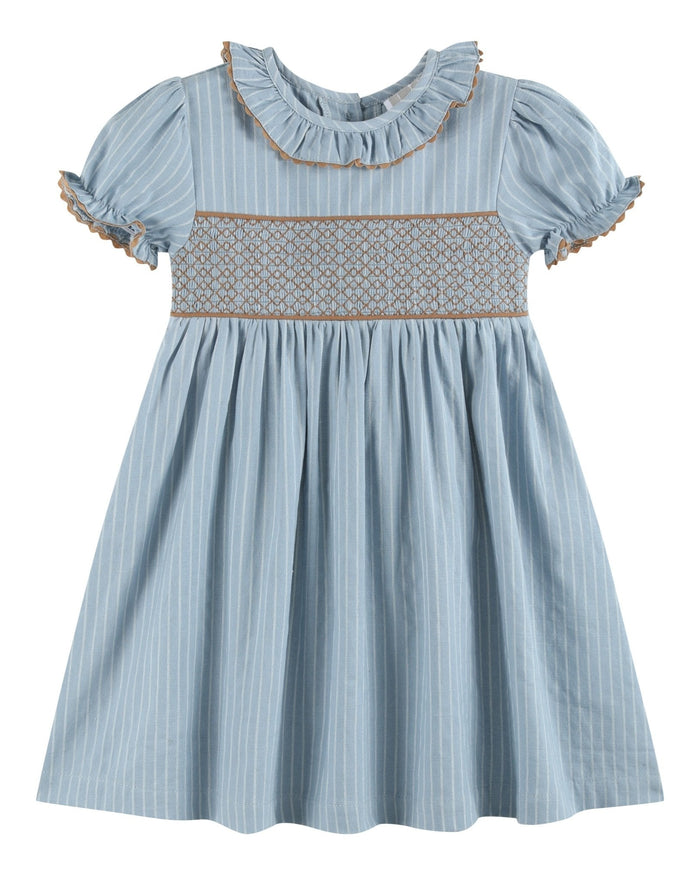 Blue Pinstripe Smocked Ruffle Collar Dress - Lil Cactus