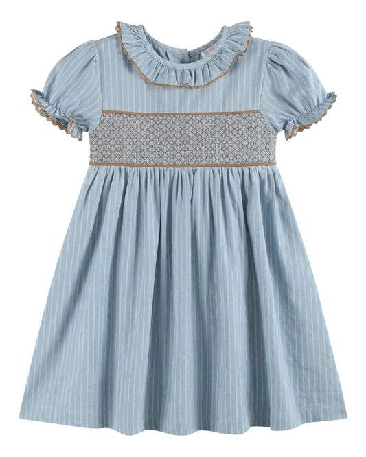 Blue Pinstripe Smocked Ruffle Collar Dress - Lil Cactus