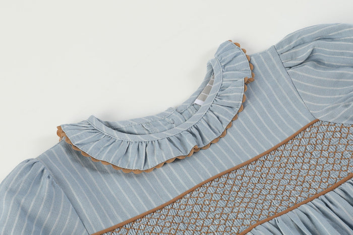 Blue Pinstripe Smocked Ruffle Collar Dress - Lil Cactus