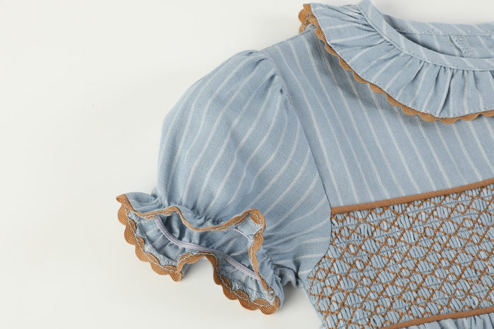 Blue Pinstripe Smocked Ruffle Collar Dress - Lil Cactus