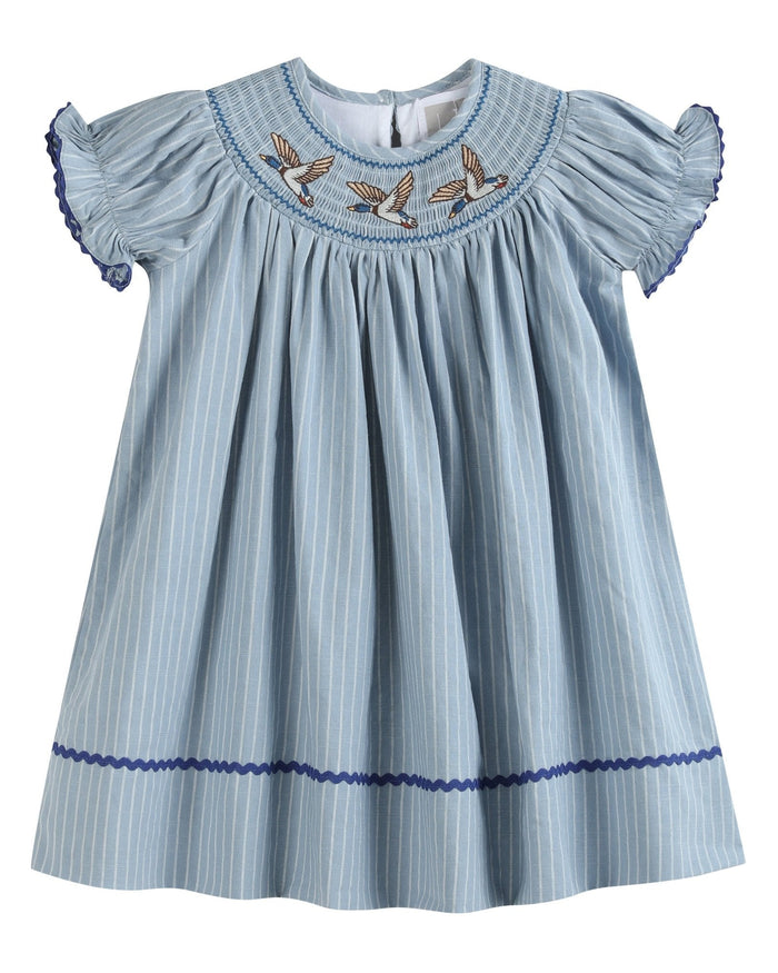 Blue Pinstripe Mallard Duck Smocked Bishop Dress - Lil Cactus