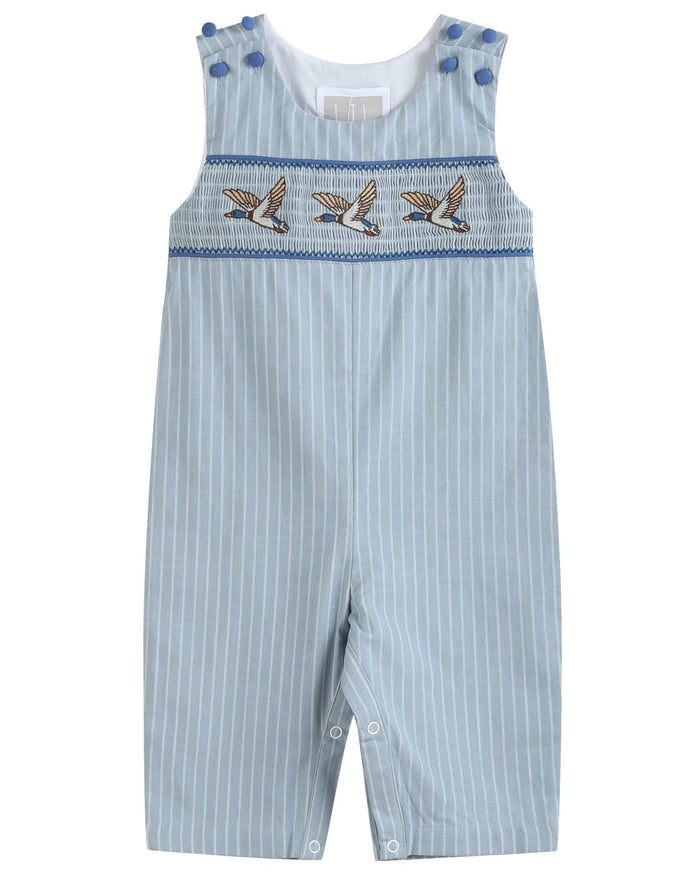 Blue Pinstripe Mallard Duck Smocked Overalls - Lil Cactus
