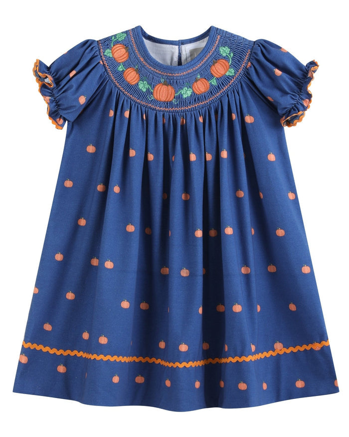 Blue Pumpkin Print Knit Smocked Bishop Dress - Lil Cactus
