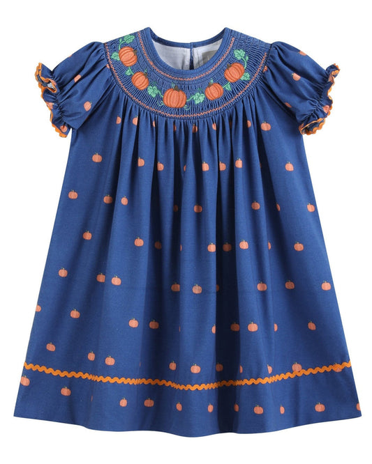 Blue Pumpkin Print Knit Smocked Bishop Dress - Lil Cactus