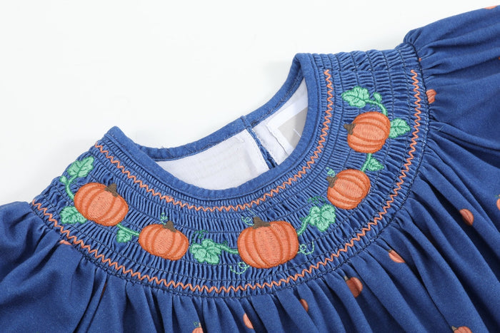 Blue Pumpkin Print Knit Smocked Bishop Dress - Lil Cactus