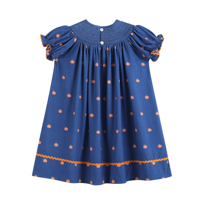 Blue Pumpkin Print Knit Smocked Bishop Dress - Lil Cactus