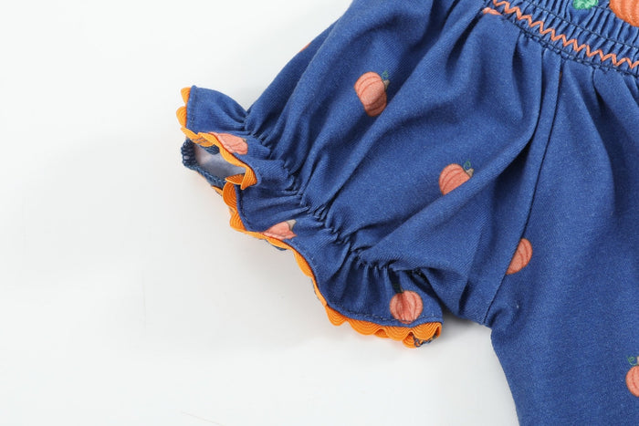 Blue Pumpkin Print Knit Smocked Bishop Dress - Lil Cactus