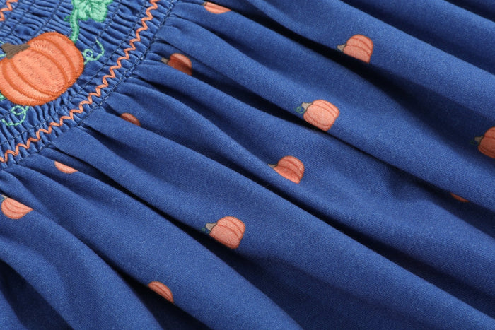 Blue Pumpkin Print Knit Smocked Bishop Dress - Lil Cactus