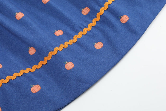 Blue Pumpkin Print Knit Smocked Bishop Dress - Lil Cactus