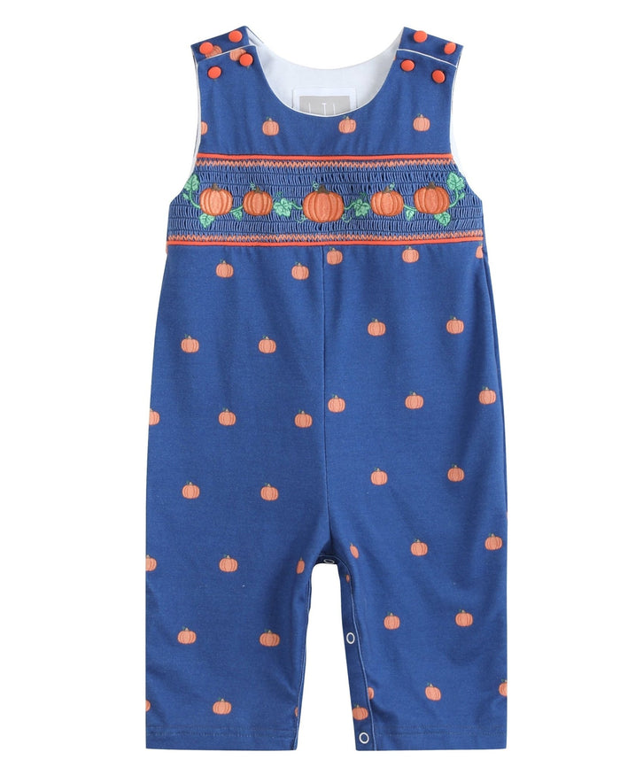 Blue Pumpkin Print Knit Smocked Longalls - Lil Cactus