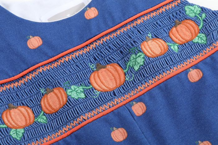 Blue Pumpkin Print Knit Smocked Longalls - Lil Cactus