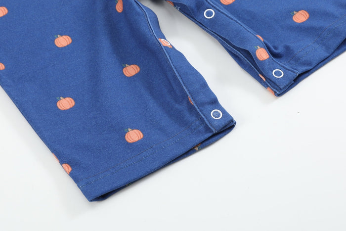 Blue Pumpkin Print Knit Smocked Longalls - Lil Cactus