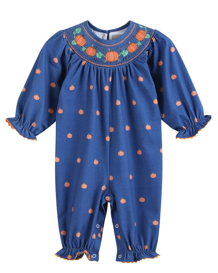 Blue Pumpkin Print Knit Smocked Playsuit - Lil Cactus