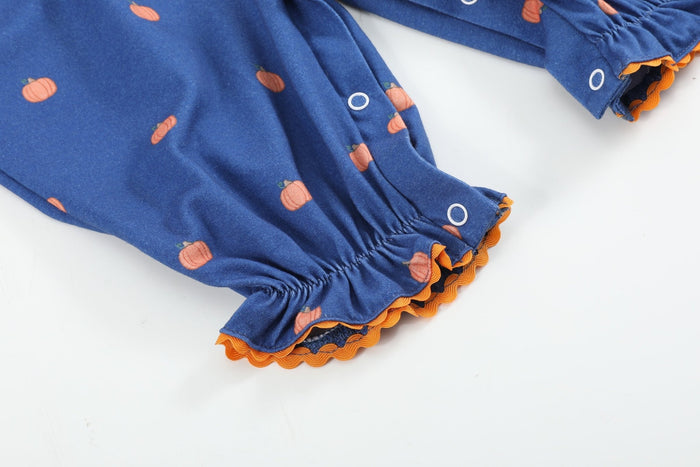 Blue Pumpkin Print Knit Smocked Playsuit - Lil Cactus