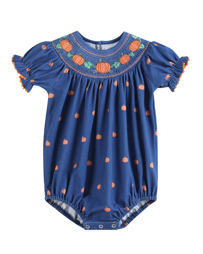 Blue Pumpkin Print Knit Smocked Romper - Lil Cactus