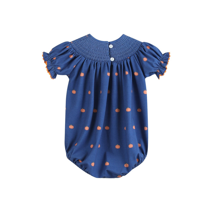 Blue Pumpkin Print Knit Smocked Romper - Lil Cactus